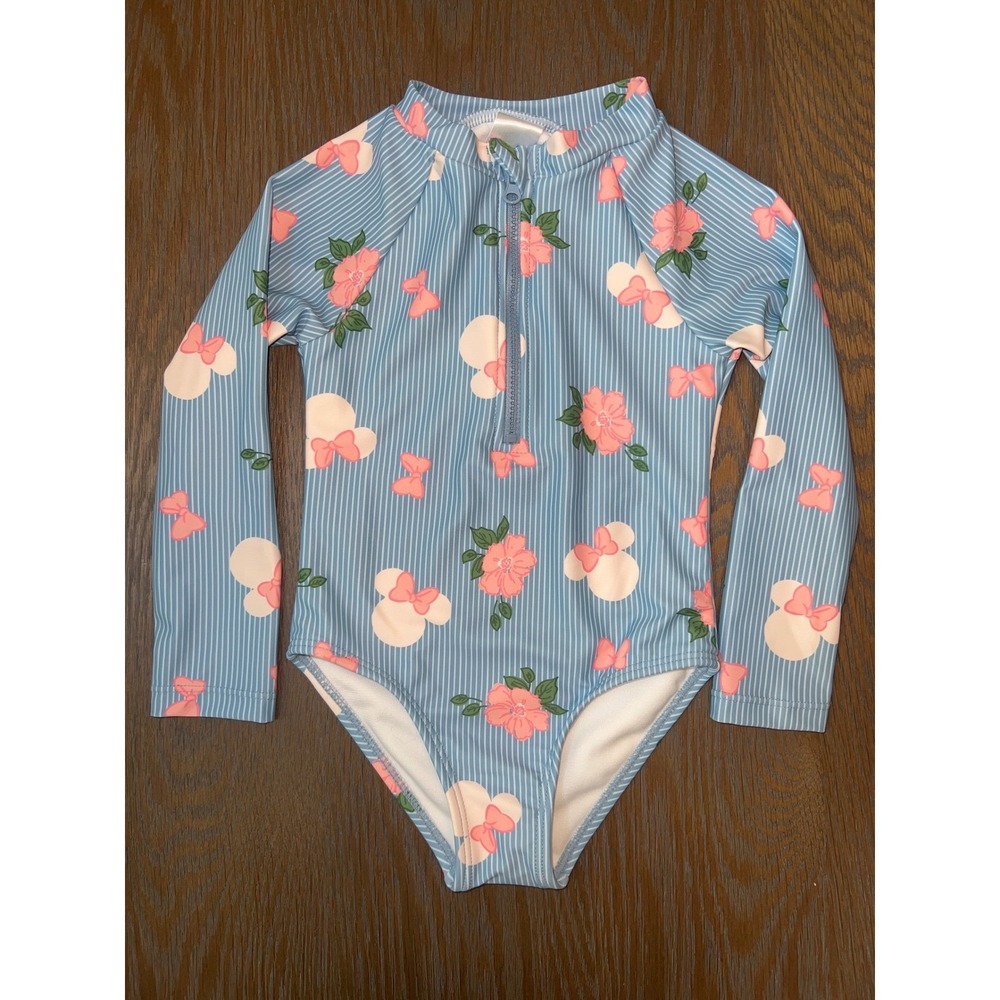 Disney Mickey and Friends Minnie Mouse Rash Guard Swimsuit Blue Floral 3T